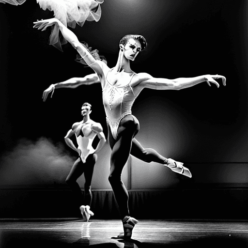 AI generated: A vintage black-and-white photograph of an American male ballet dancer in his mid-20s, captured by p...