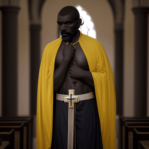 AI generated: Homem mulato, de cerca de 30 anos de idade, da etnia Angola. ao fundo o altar portátil para celebraç...