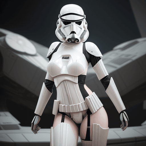 AI generated: female dressed as storm trooper, lingerie, starship background, (((full body visible) )), looking at...