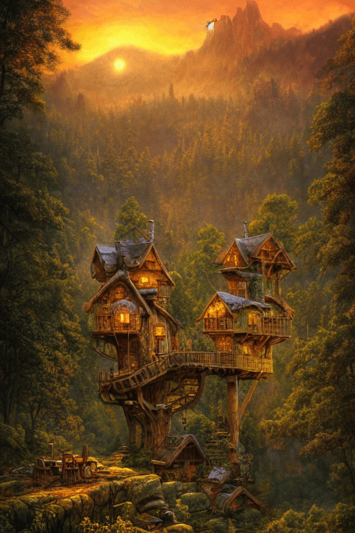 AI generated: valley, fairytale treehouse village covered,, matte painting, highly detailed, dynamic lighting, cin...
