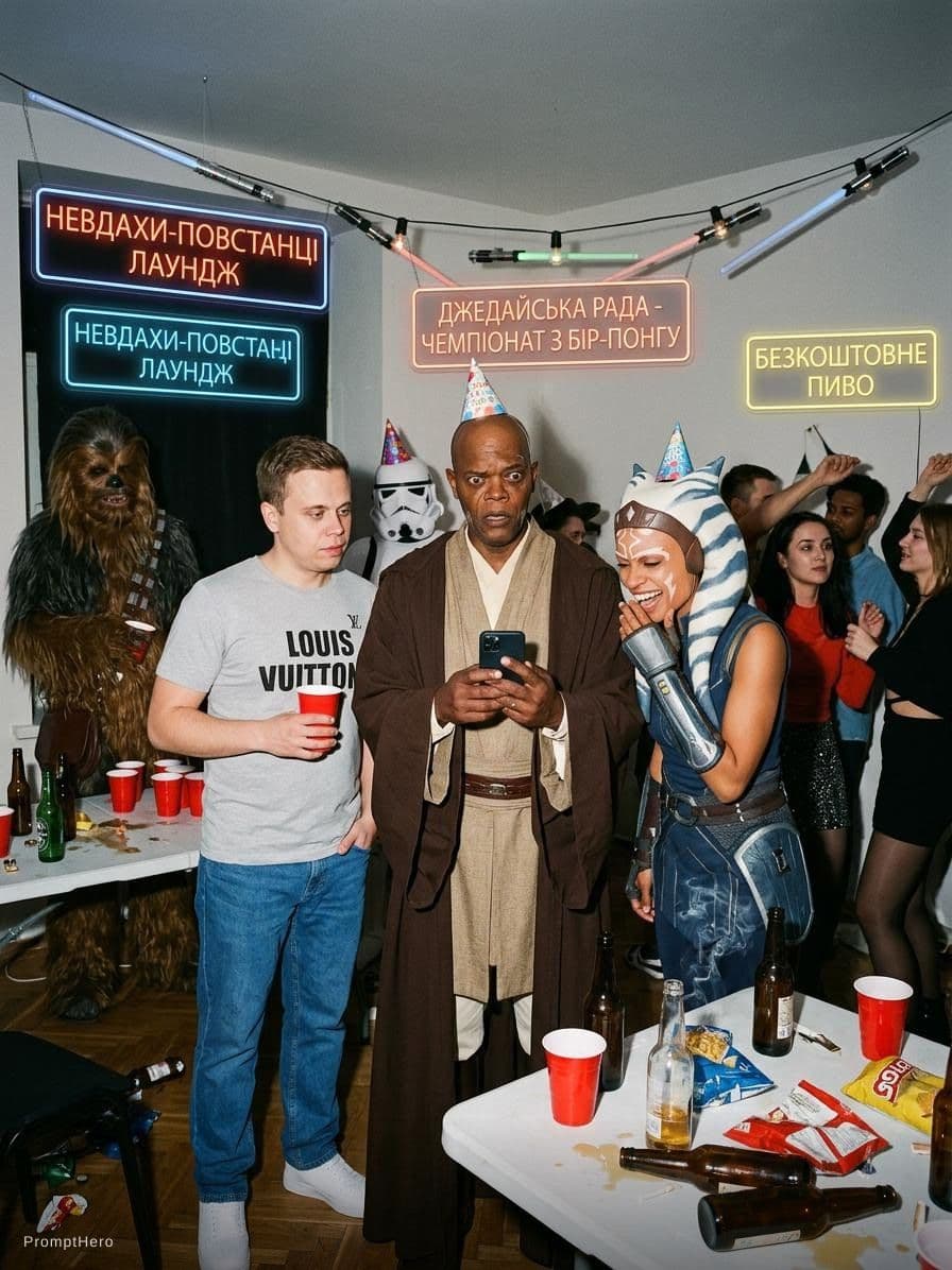 AI generated: A candid, raw, late-night chaos-fueled house party group portrait from a cluttered, smoky room with ...