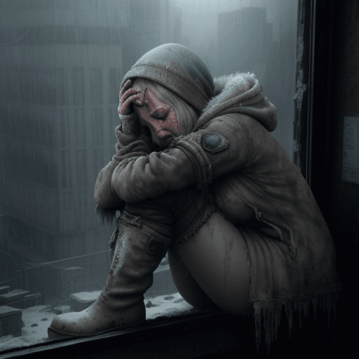AI generated: a crying female, dirty, leaning on a window, freezing, boots, end of the world, epic realistic, (hdr...