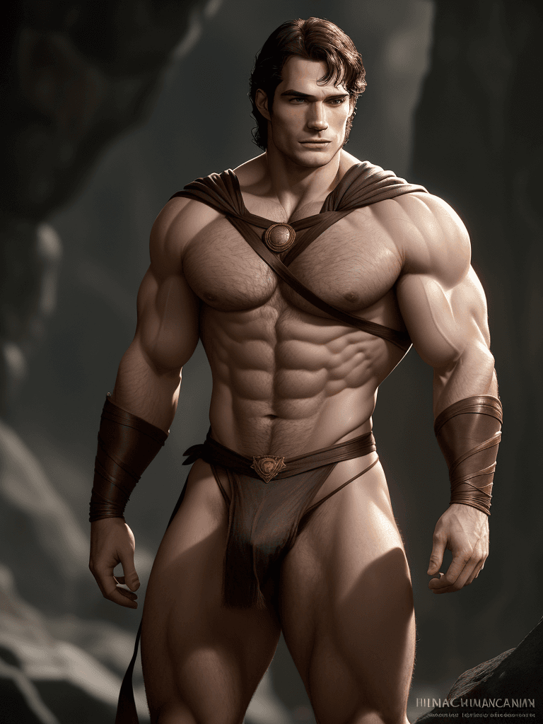 AI generated: Henry Cavill, caucasian complexion, big muscles and big thighs, dark-brown hair, in his thirties, He...