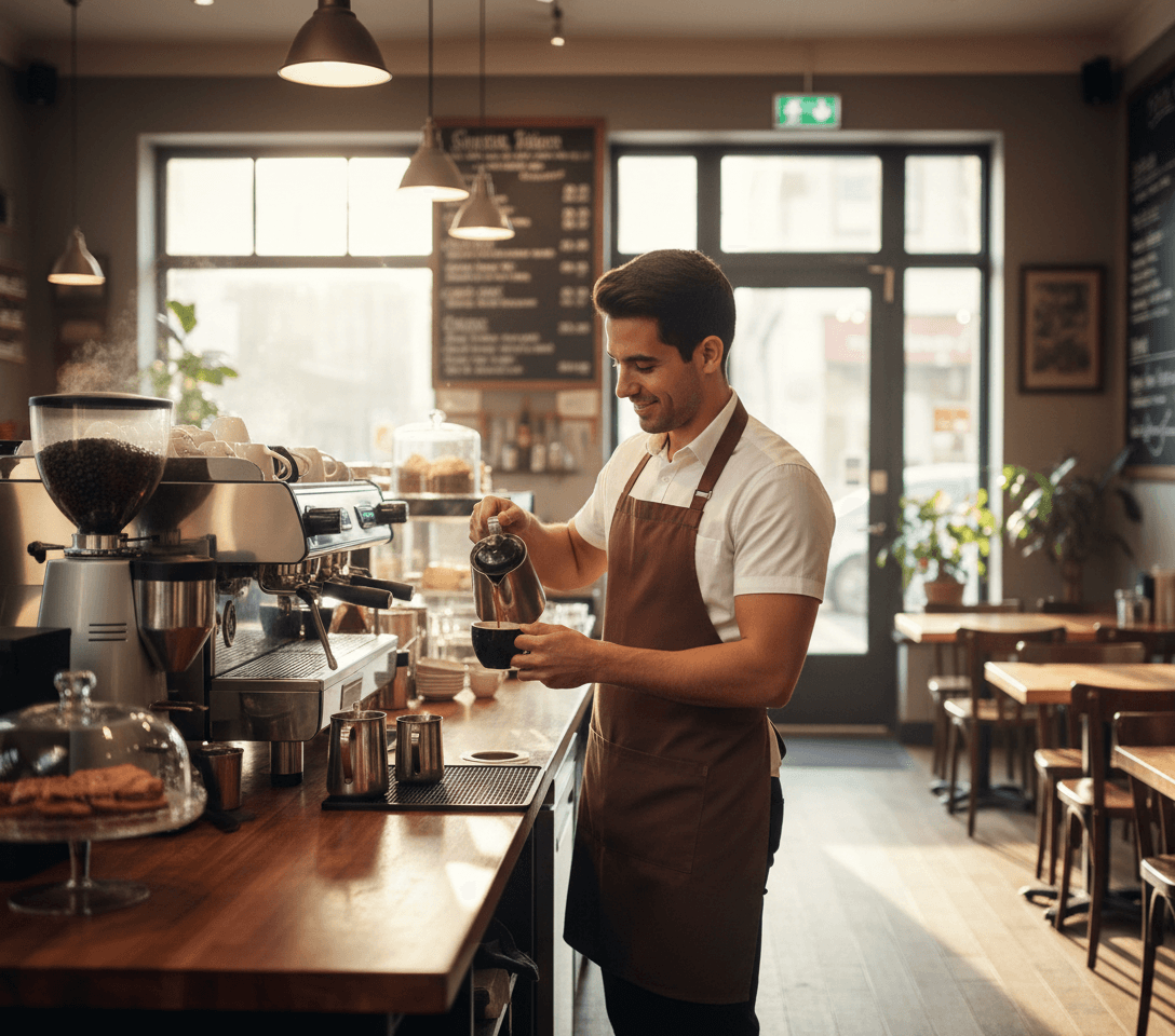 AI generated: It's early morning, it's dawning at a coffee shop. The Hispanic male barista is 5 feet tall he is we...