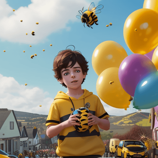 AI generated: cute, adorable, a young boy bumblebee holding a bunch of colorful balloons, iSetting the scene in th...