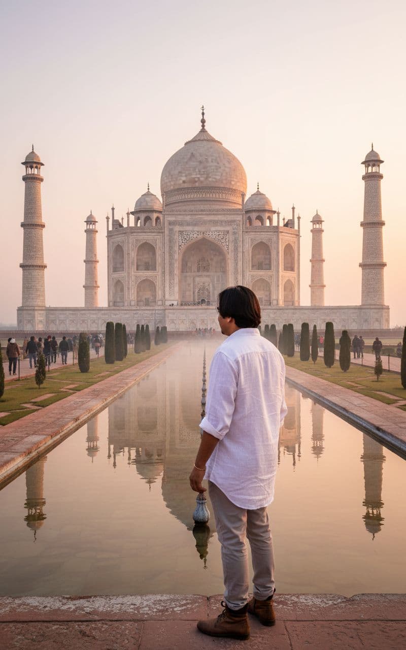 AI generated:  wide-angle shot of the Taj Mahal at sunrise, a man front of taj mahal, some people sceen around taj...
