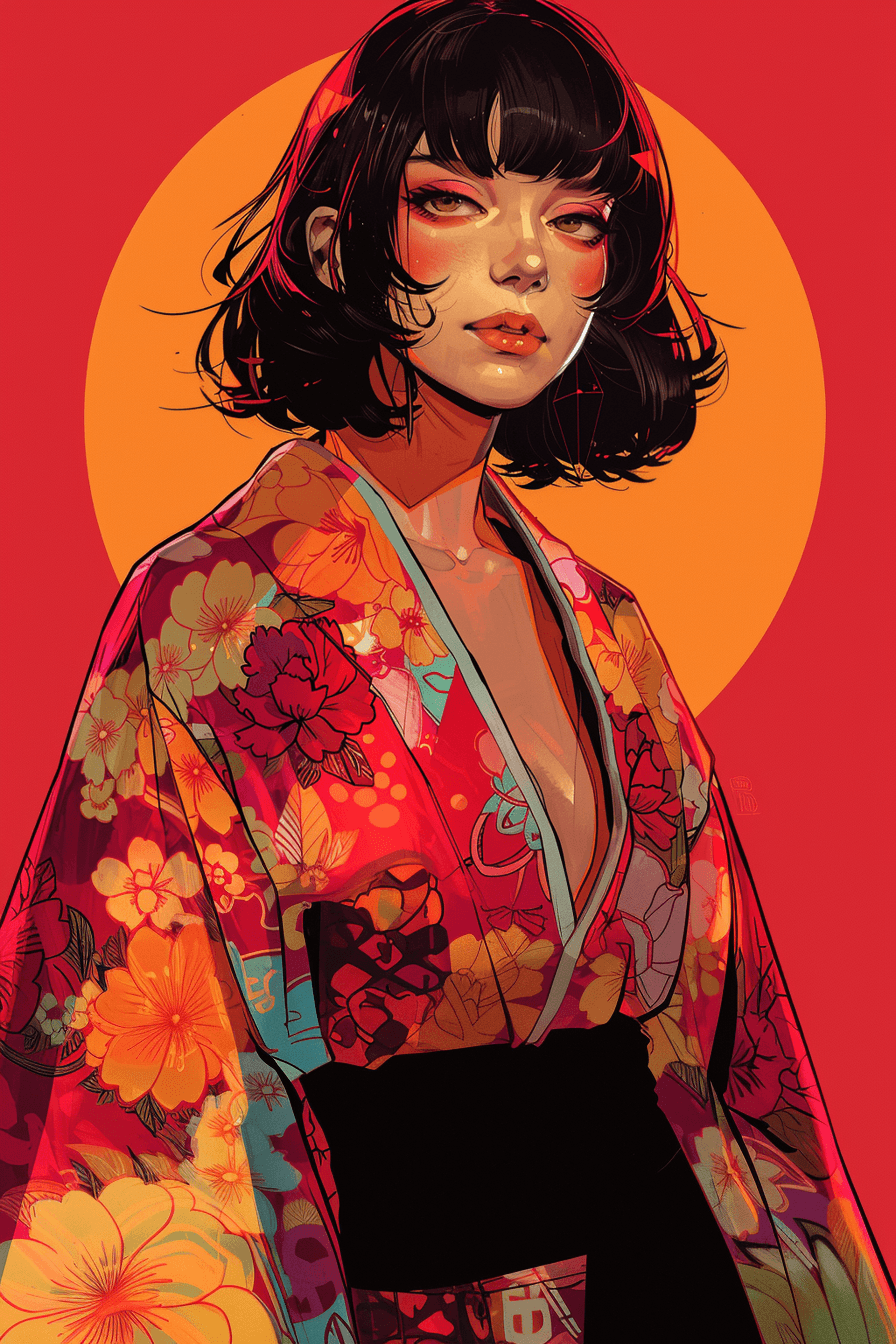 AI generated: A Japanese female character, she is wearing a kimono in a sensual way, Katie Cook art style