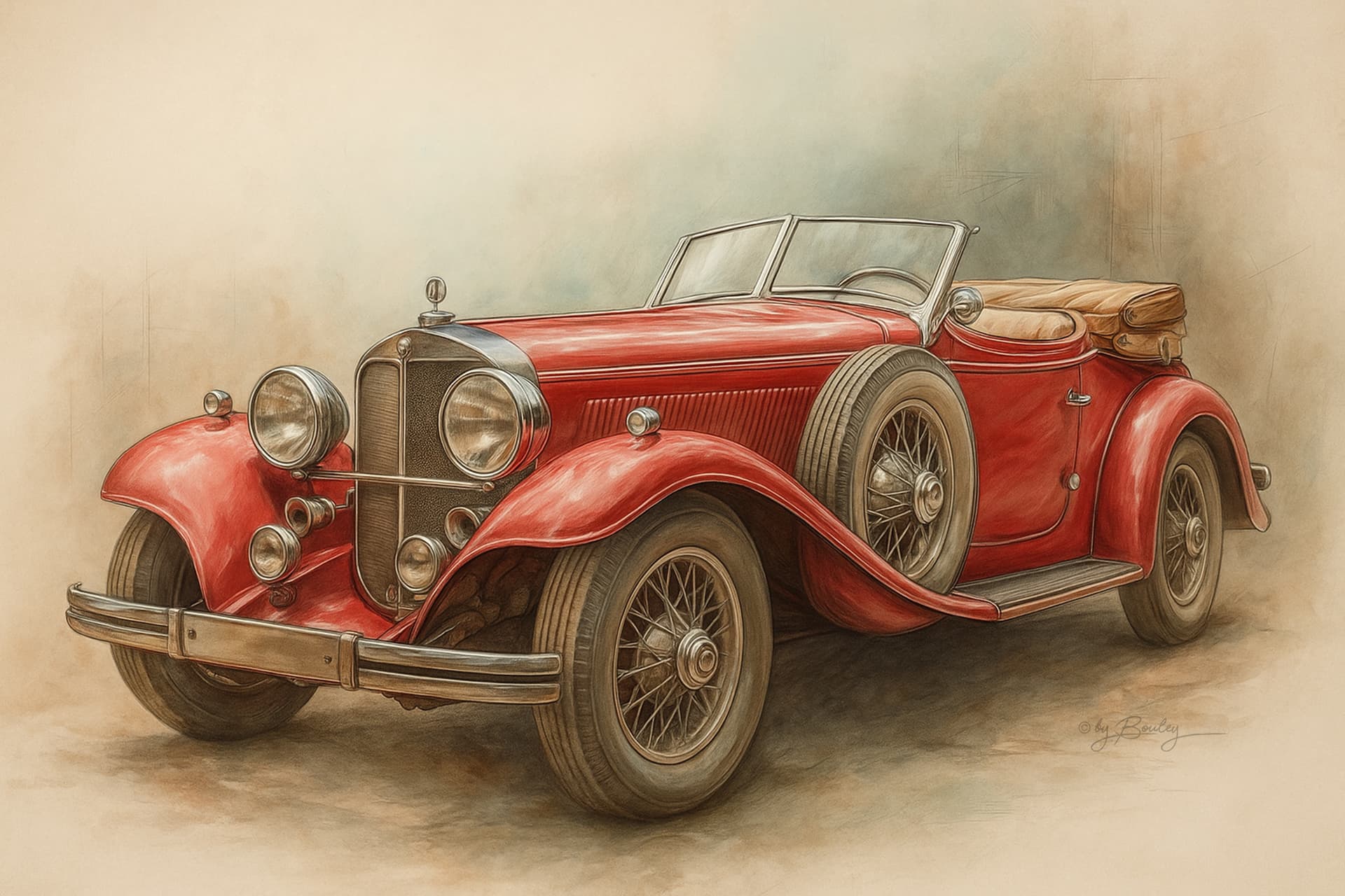 AI generated: Create an ultra-realistic digital fine art painting of a classic 1930s-style red convertible roadste...