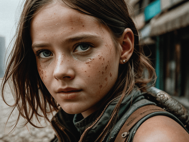 AI generated: A girl in a postapocalytic city, Photorealistic, Hyperrealistic, Hyperdetailed, analog style, detail...