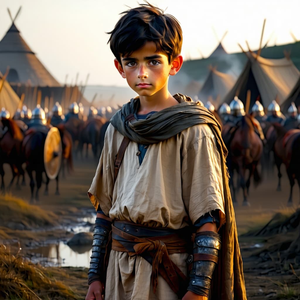AI generated: Cinematic stylized anime realism, inspired by Kingdom anime and Vinland Saga.
Portrait of a 10-year-...