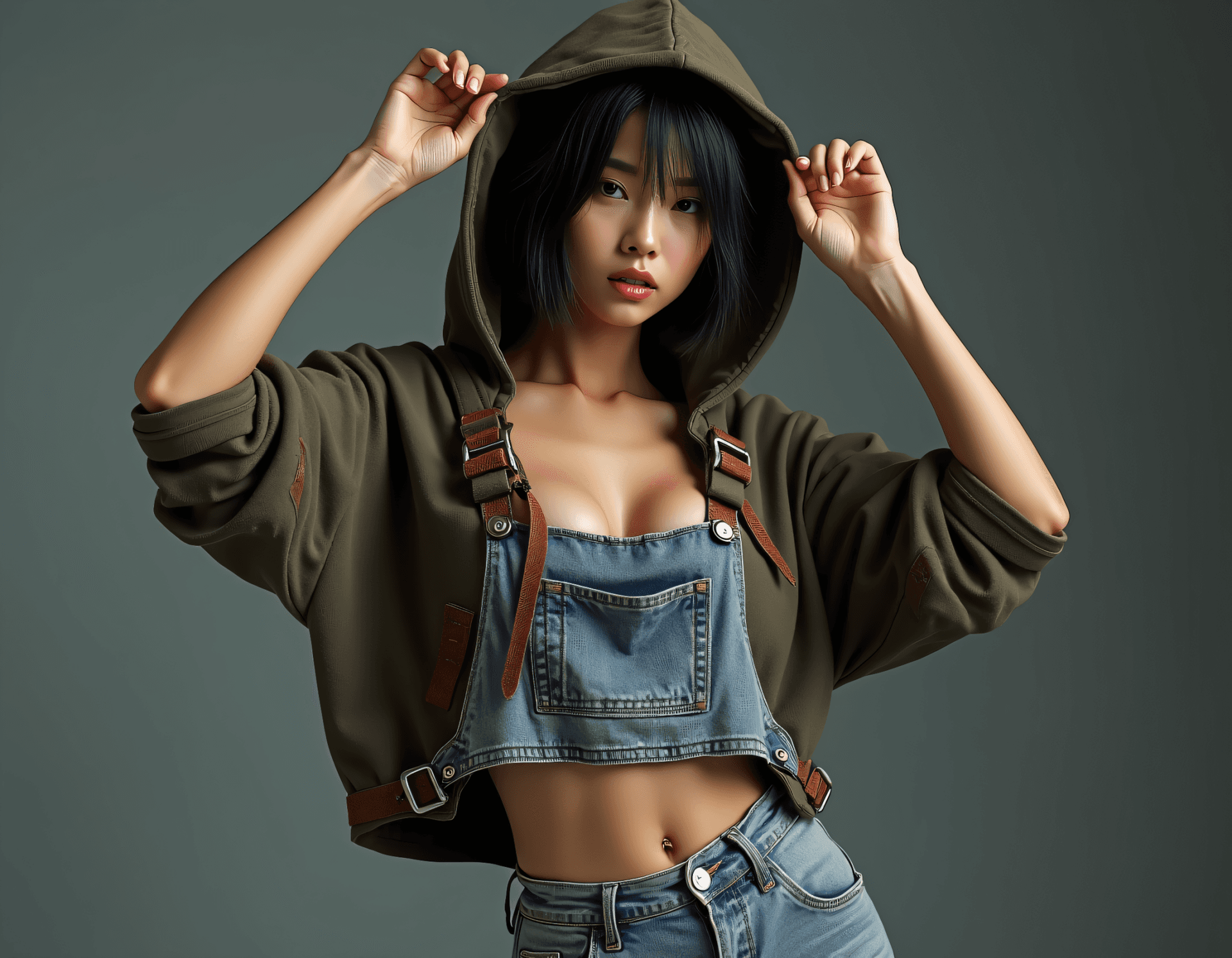AI generated: advertising poster style a photo of a slim, small breast, flat chest, abs, young asian female superm...