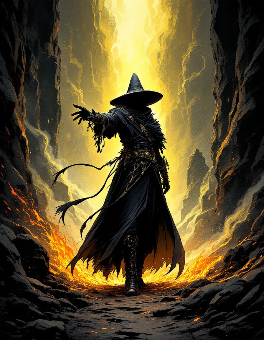 AI generated: black mage from final fantasy, final fantasy ink style, dramatic lighting, wide angle, 