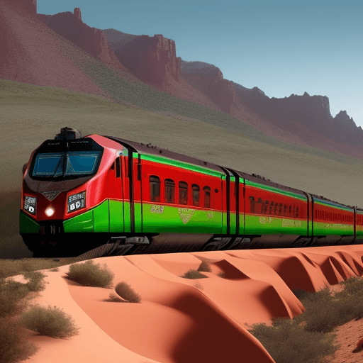 AI generated: crea una imagen del tren de ferromex atavezando un bosque de choyas en el desierto de chihuahua
