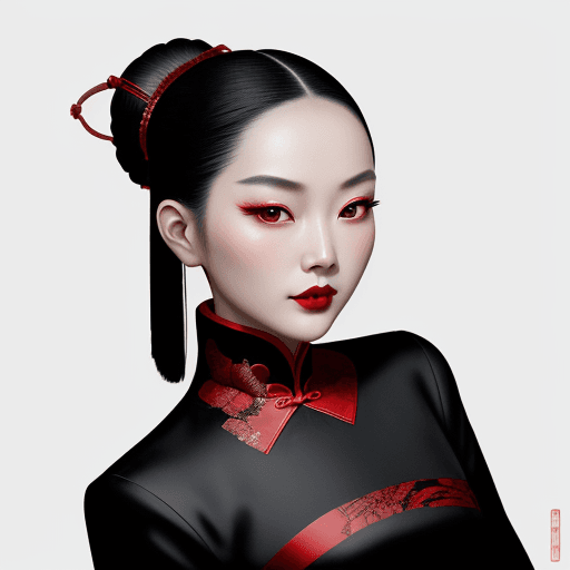 AI generated: Chinese ink style portrait of Chinese photographer Zhang Jingna, wearing a black dress and red lipst...