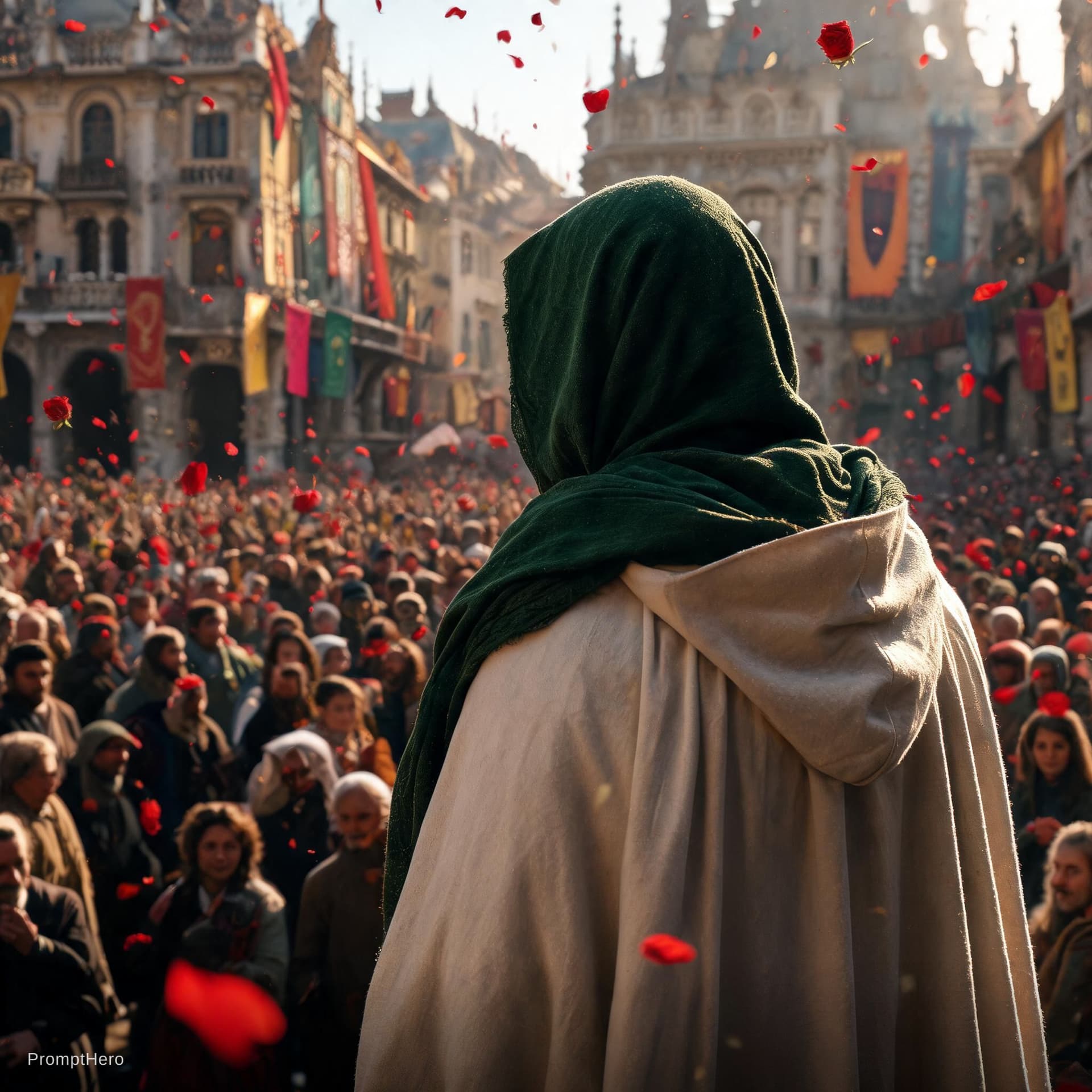 AI generated: A person, likely middle-aged, is seen from the back, standing amidst a large crowd. The person wears...