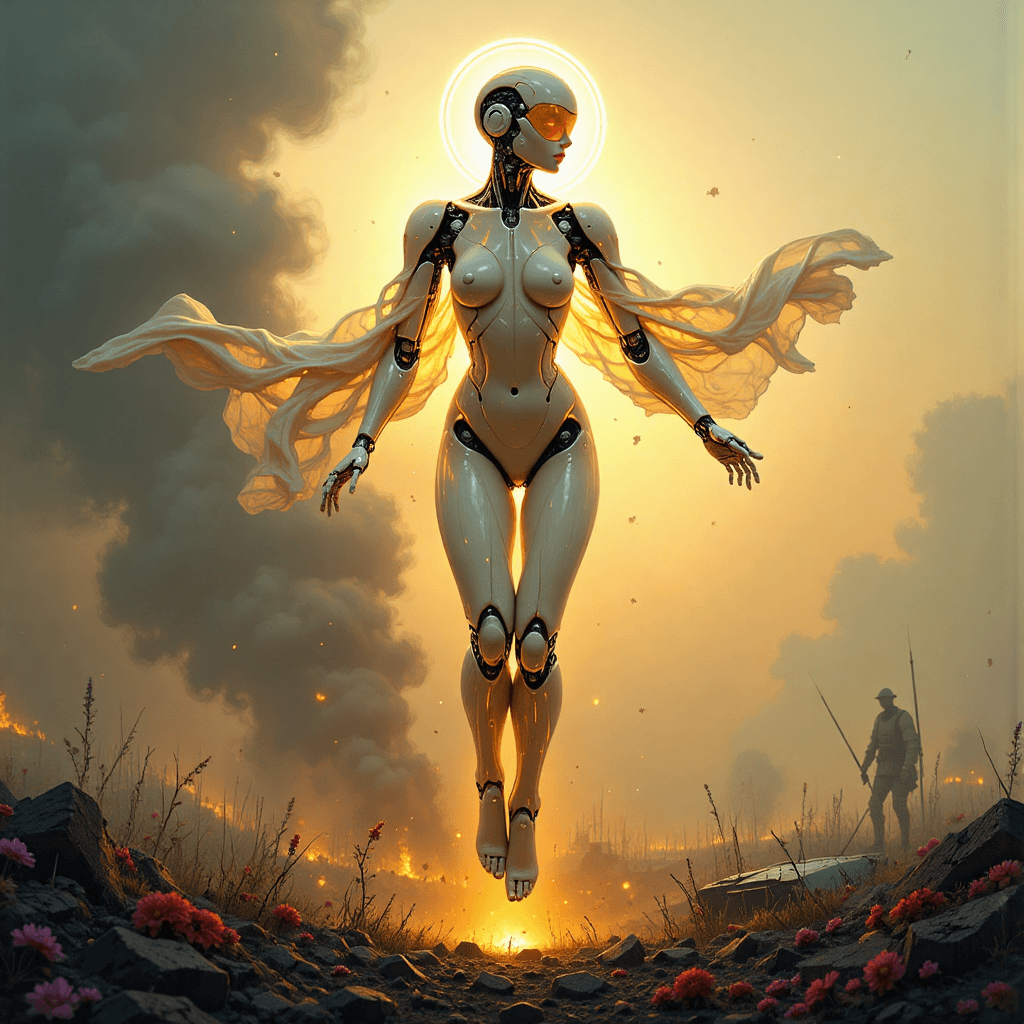 AI generated: A beautiful, ethereal feminine android suspended a few meters up in the air above a smoky battlefiel...