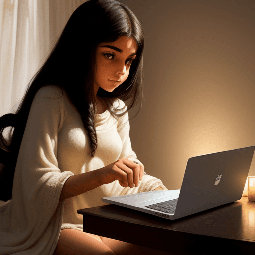 AI generated: Egyptian brunette girl), sitting in a cozy room, focused on her laptop, deep concentration, warm, in...