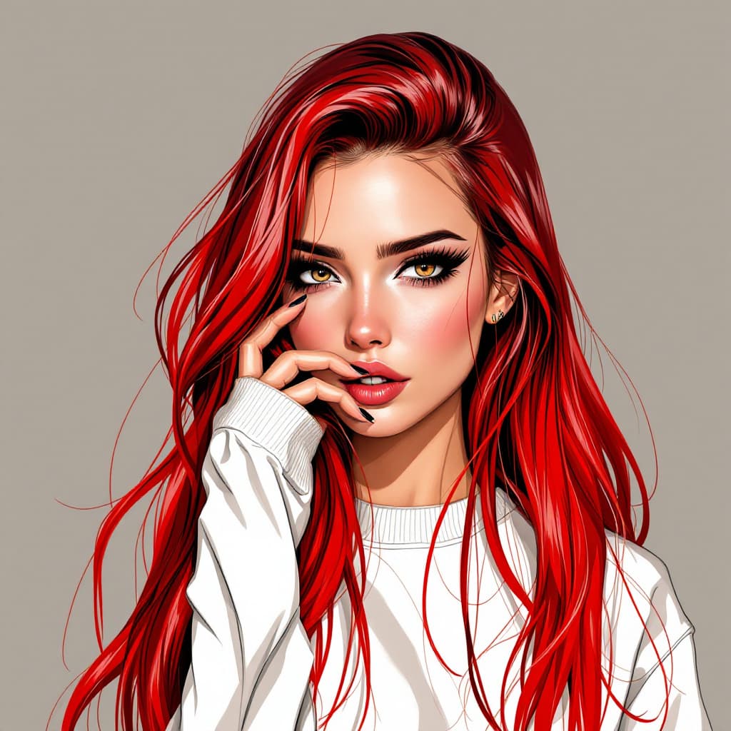 AI generated: German woman, long, red, straight and fluffy hair, heavy eyeliner, makeup, anime, no imperfections, ...