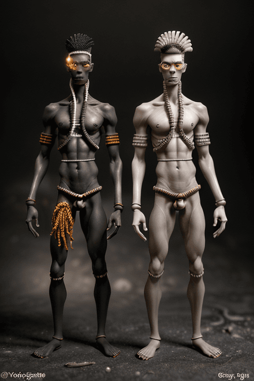 AI generated: Two male voodoo effigies, dark complexion, waist body length, voodoo symbols, sea shells and nails c...