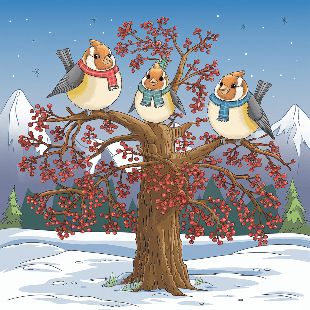 AI generated: Three chubby goldfinches in scarves sitting on a rowan tree against snow, cartoon style.