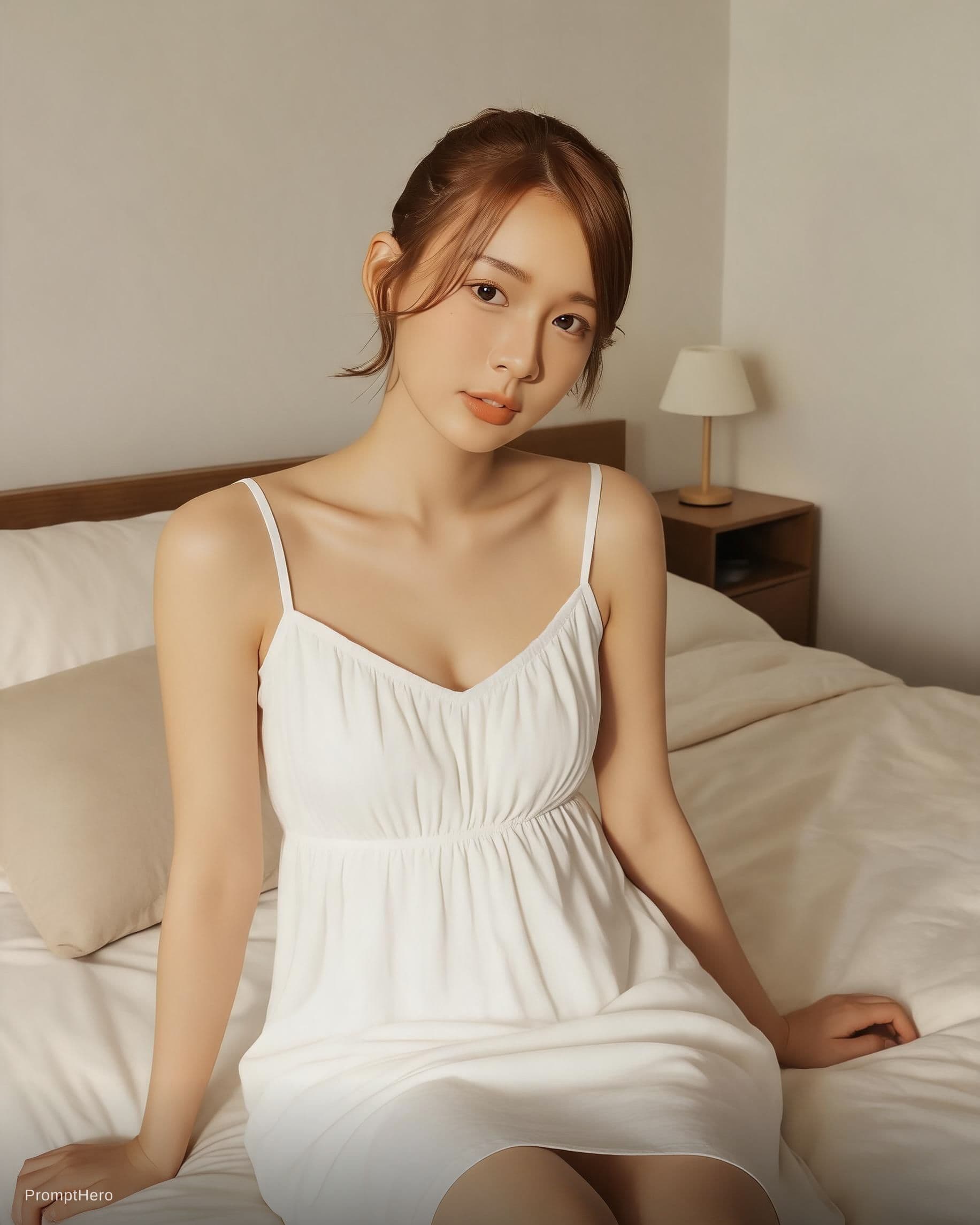 AI generated: this girl is wearing white  one piece night gown with thin shoudler straps in her bed room sitting o...