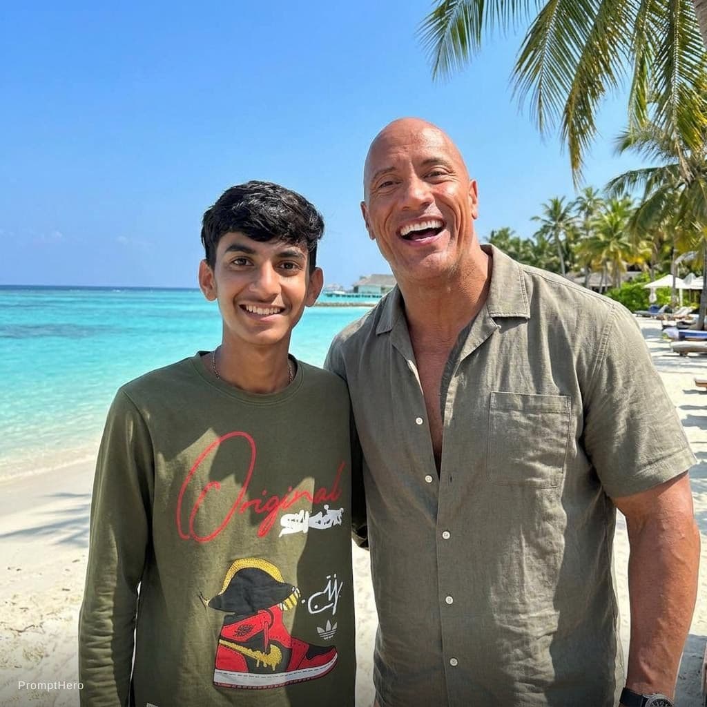 AI generated: with Dwayne Johnson at a tropical beach, sunny day, both smiling