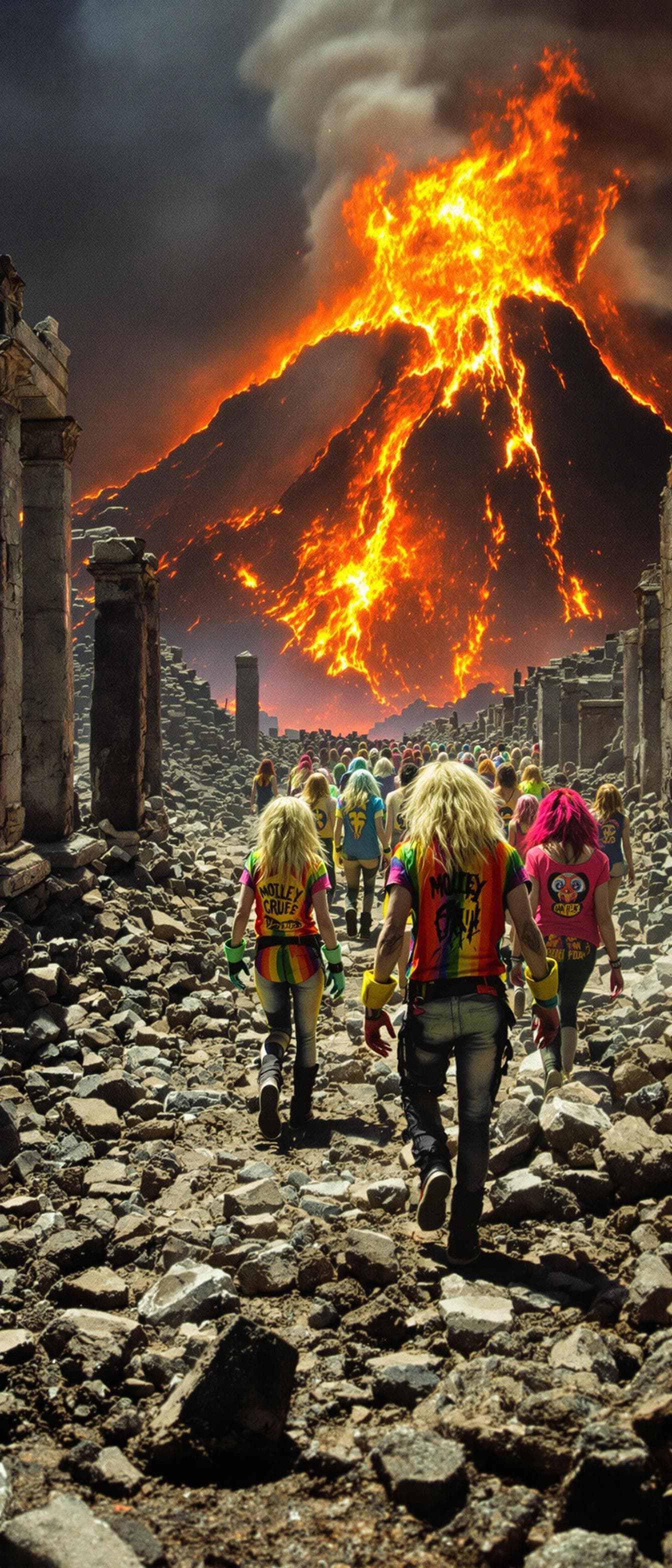 AI generated: the heavy metal band Motley Crue as zombies wearing rainbow colored clothes walking through the ruin...