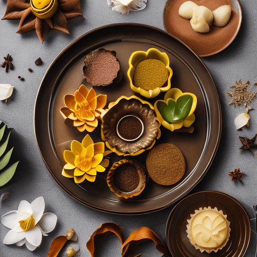 AI generated: Product photography, taken from above with a tray of moon cake ingredients including lotus leaves, l...