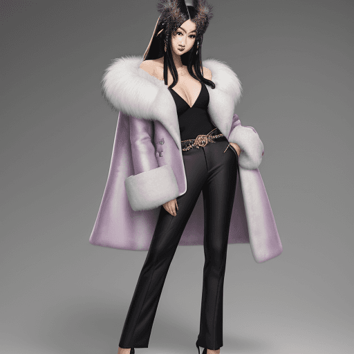 AI generated: fur collar + fur-trimmed coat + hair ornament + hair over one eye + high heels + pants + v-neck