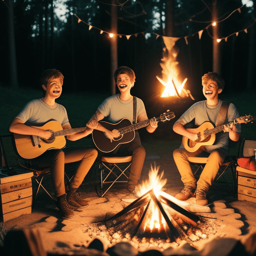 AI generated: 4 friends with happy faces sitting around the campfire. One with the guitar, second with the cup of ...