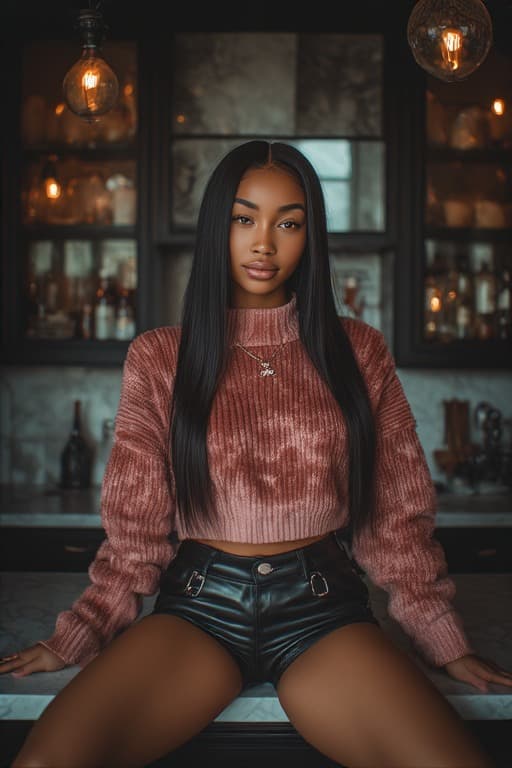 AI generated: A stunning young woman with long, straight black hair and flawless skin, sitting confidently on a ma...