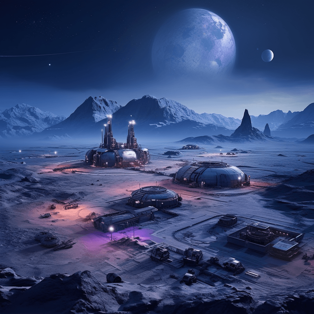 AI generated: space base located on a frozen plateau of mars, one rover on the ground, aerial view, mountains in t...