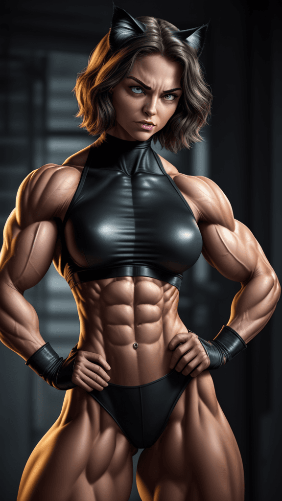AI generated: 20 year old strong muscular Girl in catwoman costime with muscular abs and toned biceps, one hands o...