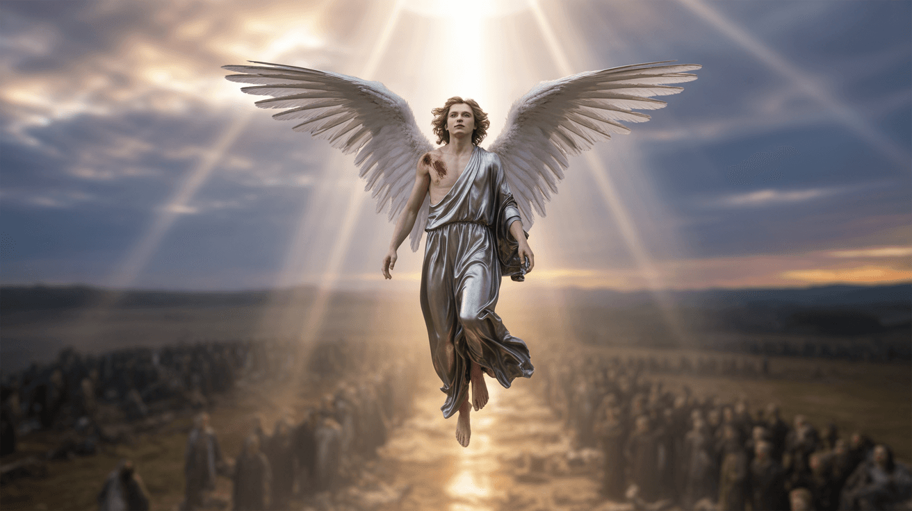 AI generated: Wonderful image of a wounded angel ascending from the light to heaven, a great battle was fought on ...
