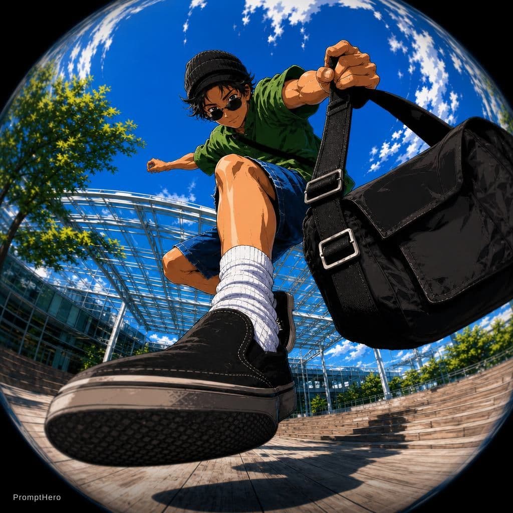 AI generated: An extreme low-angle, dynamic fisheye lens perspective shot of a cool young male anime character mid...
