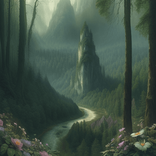 AI generated: a beautiful and highly detailed matte painting of a dreamy valley deep in the foresty mountains, epi...