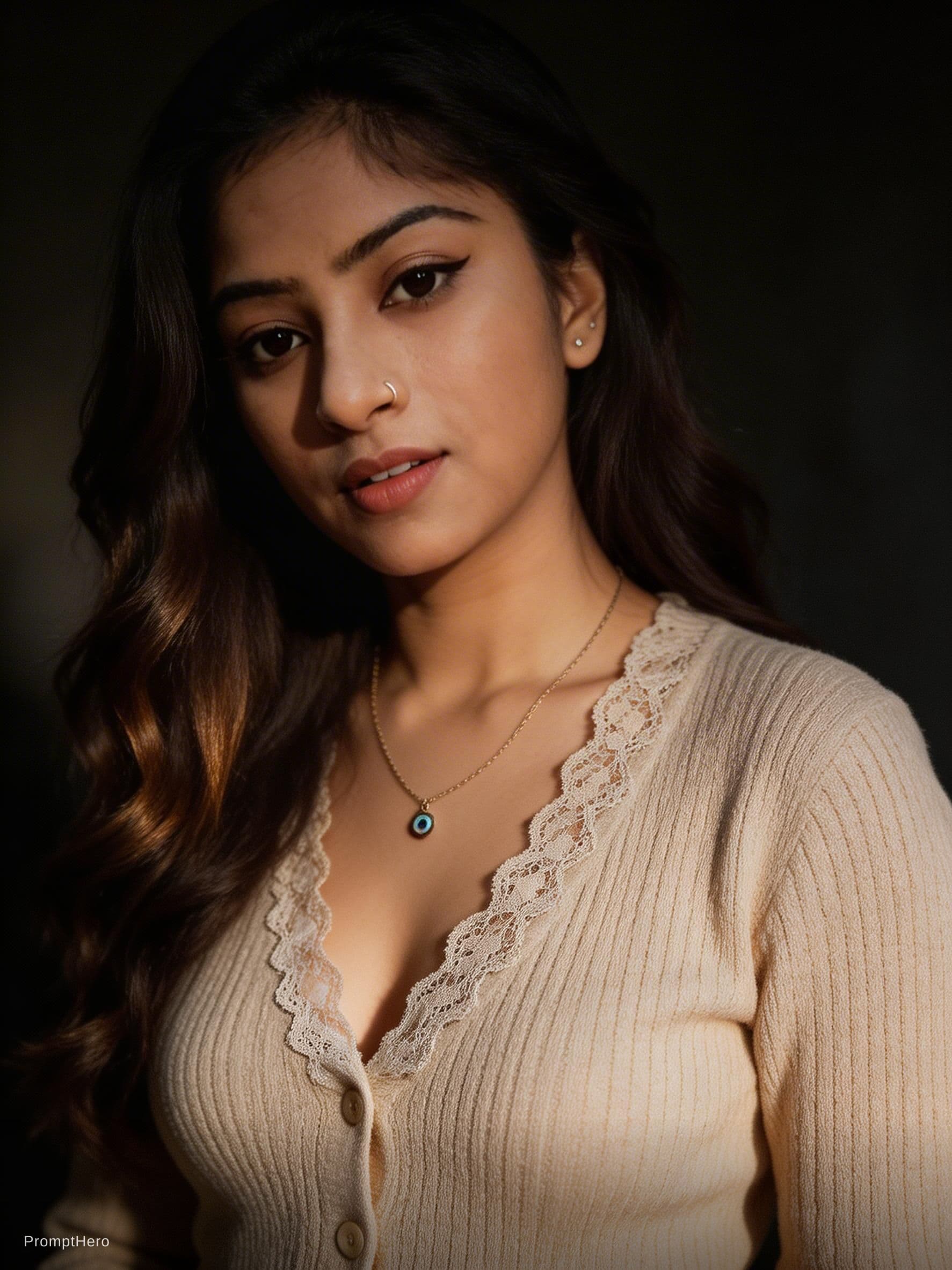 AI generated: A photorealistic close-up portrait of an adult woman in a dimly lit, moody studio setting, captured ...