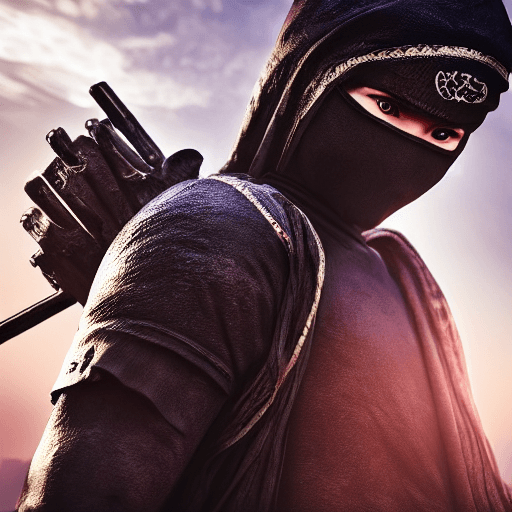 AI generated: photo of a ultra realistic ninja, dramatic light, pale sunrise, cinematic lighting, battered, top an...