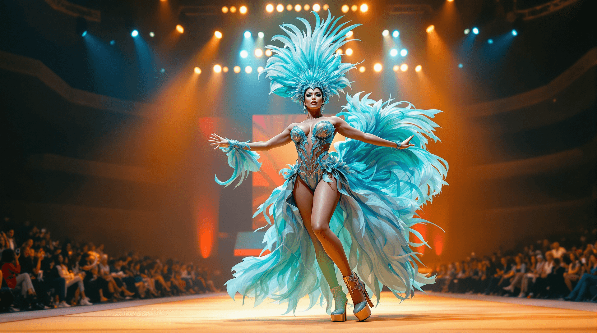 AI generated:  Hyper Realistic A stunningly Curvy expressive model Woman on a Parading fashion show runway. 
in el...