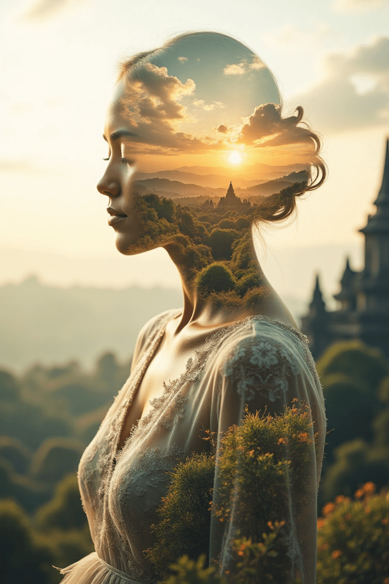 AI generated: Double exposure portrait of a serene woman wearing an intricate kebaya, blending harmoniously with a...