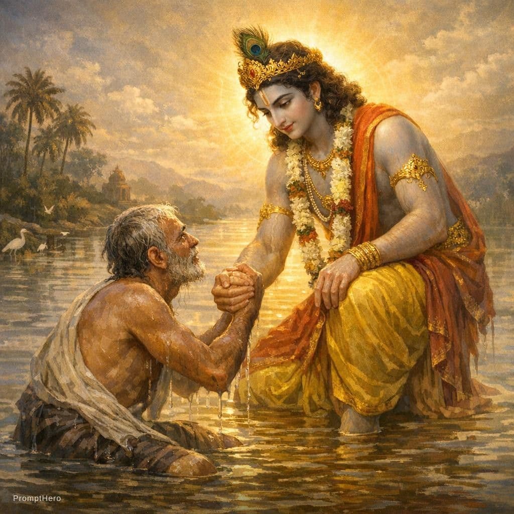 AI generated: Krishna helping man stand in shallow water, compassionate expression, divine glow
