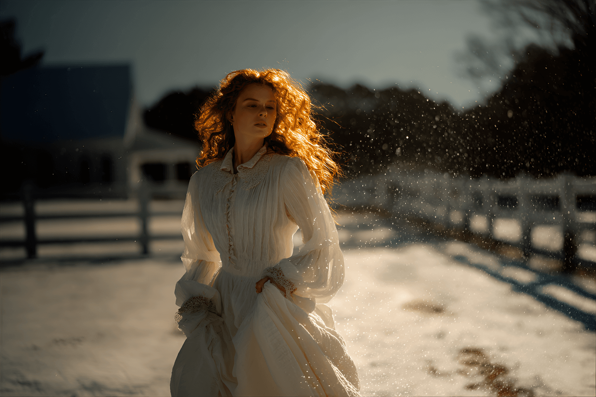 AI generated: beautiful fiery redhead in a bright white dress melting the snow around her where
she walks, angle ...