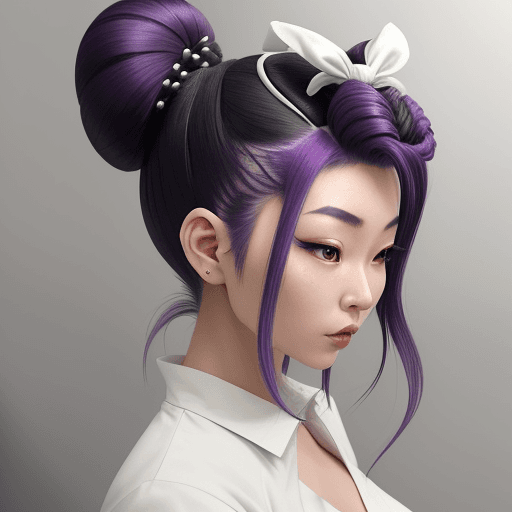 AI generated: A woman with distinctive features and an East Asian heritage has her deep purple hair fashioned into...