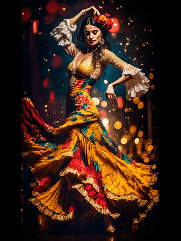 AI generated: photo of Penélope Cruz, in a Spanish flamenco dance floor, passionate beauty, flamenco dancer, real ...