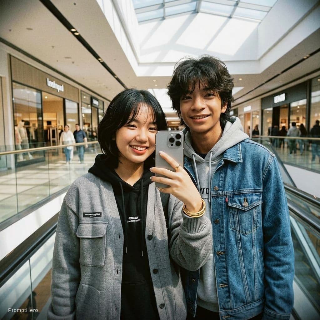 AI generated: a selfie take with her hand, instagram style, one young korean woman with boy professional model tak...