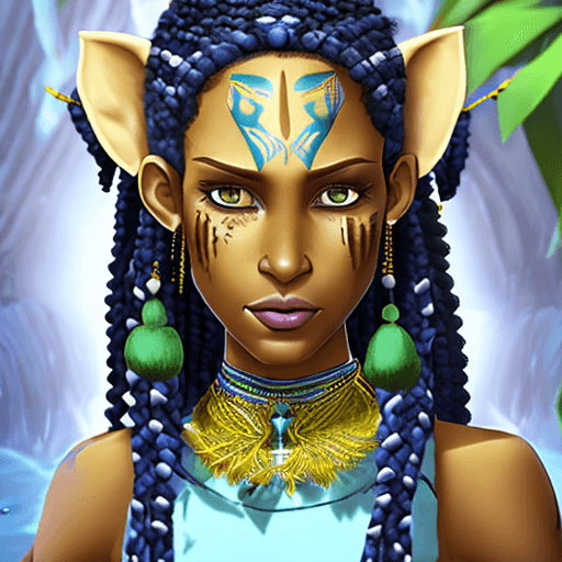 AI generated: na'vi woman, light blue skin, dark blue stripes on face, forehead, and neck, large ears braided hair...