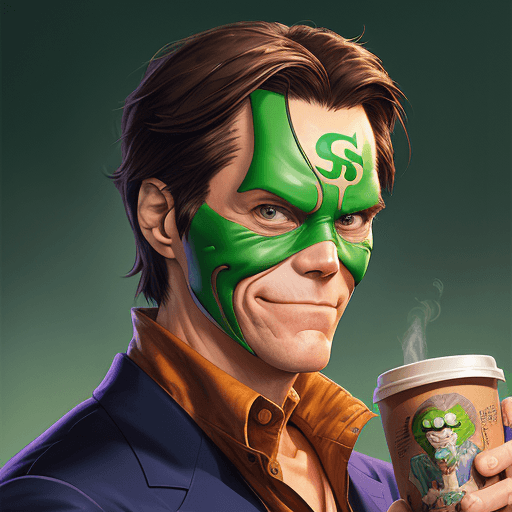 AI generated: jim carrey as the mask, holding an Big coffe, portrait shinkai makoto studio ghibli studio key hidea...