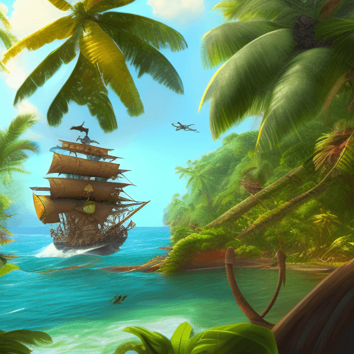 AI generated:  Pirate ship, lost in a jungle island, landscape, hyperdetailed, 8k realistic, trending on artstatio...