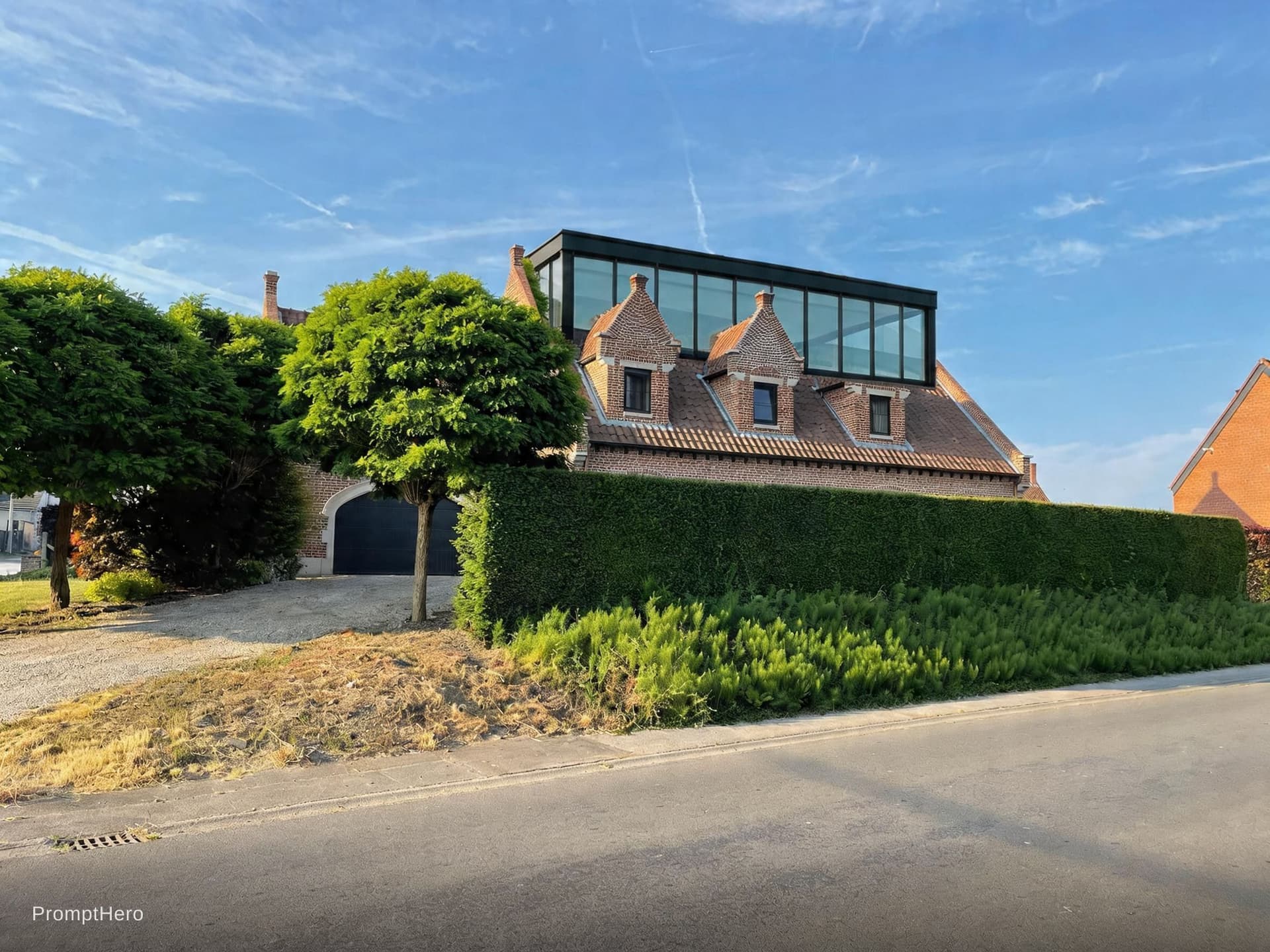 AI generated: create a rectangle glass section on the house, in the attic area, keep the 3 windows free, modern lo...