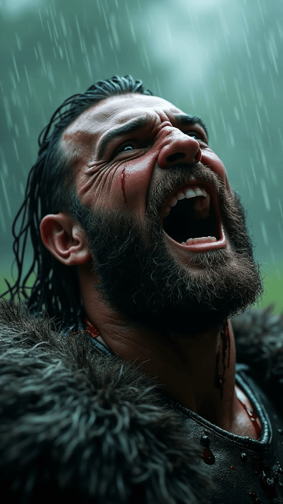 AI generated: texture cinematic photo hyperrealistic style, medium shot of a Viking warrior laughing maniacally in...